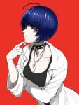  1girl black_choker black_tank_top blue_hair blunt_bangs breasts choker cleavage closed_mouth coat eyelashes highres igusaharu jewelry lab_coat looking_at_viewer medium_breasts necklace open_clothes open_coat persona persona_5 red_background short_hair simple_background solo studded_choker takemi_tae tank_top upper_body white_coat 