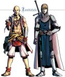  2boys abs alternate_costume arm_up armor artist_name bald bandaged_arm bandages bare_arms black_sclera blonde_hair cape chain_necklace clenched_hand closed_mouth clothes_around_waist colored_sclera genos grin hand_on_own_hip jewelry knight loincloth looking_to_the_side multiple_boys muscular muscular_male necklace one-punch_man open_clothes saitama_(one-punch_man) short_hair shoulder_armor simple_background smile standing sword sword_behind_back third-party_source weapon zombieholic 