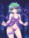  1girl alternate_costume aqua_eyes blush breasts commentary green_eyes green_hair groin heart heart_of_string highres indoors komeiji_koishi lingerie looking_at_viewer messy_hair navel nightgown nipples open_mouth panties purple_panties puyopika see-through short_hair small_breasts solo symbol-only_commentary thigh_strap third_eye touhou underwear window wrist_cuffs 