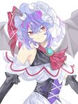  1girl alternate_costume ascot bat_wings black_gloves blue_hair brooch elbow_gloves gloves hat hat_ribbon highres himagon jewelry mob_cap red_ascot red_eyes red_ribbon remilia_scarlet ribbon sleeveless smile solo touhou upper_body wings 