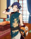  1boy animal_ears bare_shoulders blue_hair carpet chinese_clothes couch cow_boy cow_ears cow_horns cow_tail cowboy_shot curtains dark_blue_hair dot_nose ensemble_stars! extra_ears facepaint fingernails fushimi_yuzuru happy_elements holding_own_tail horns indoors looking_at_viewer male_focus mandarin_collar mole mole_under_eye official_art open_clothes purple_eyes short_bangs short_hair sleeveless solo table tail third-party_source window zodiac_(ensemble_stars!) 