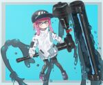  1girl black_headwear black_pants blue_background blush border closed_mouth dynamo_roller_(splatoon) fukui full_body highres ink inkling inkling_girl jacket long_sleeves pants pink_eyes pink_hair pointy_ears shoes sleeves_past_wrists smile sneakers solo splatoon_(series) tentacle_hair thick_eyebrows toni_kensa_(splatoon) white_jacket 