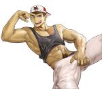  1boy abs backwards_hat bara baseball_cap brown_male_underwear bulge character_request colored_skin come_hither commission crotch_grab erection erection_under_clothes feet_out_of_frame grey_tank_top hand_up hat hellme highres large_pectorals looking_at_viewer male_focus male_underwear male_underwear_peek midriff_peek muscular muscular_male navel navel_hair nipples original pectoral_cleavage pectorals second-party_source seductive_smile short_hair sidepec smile solo spread_legs tank_top thick_eyebrows thick_thighs thighs underwear veins veiny_hands yellow_skin 