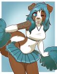  2014 anthro biped blue_background blue_bottomwear blue_clothing blue_eyes blue_skirt border bottomwear brown_body brown_fur canid canine canis cheerleader cheerleader_outfit clothing countershade_face countershade_fur countershade_tail countershade_torso countershading digital_media_(artwork) domestic_dog eyebrow_through_hair eyebrows female folded_ears fur hair hi_res looking_at_viewer mammal midriff navel one_eye_closed outside_border pattern_background pink_tongue pleated_skirt pom_poms portrait rosey_(thestrangerr) shaded simple_background skirt solo standing striped_background tail thong_straps three-quarter_portrait tongue tongue_out topwear translucent translucent_hair white_body white_border white_clothing white_countershading white_fur white_topwear wink winking_at_viewer zyira 