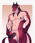  abs ajdrawsnice anthro axl_(ajdrawsnice) balls dragon erection genitals hair hi_res horn long_hair looking_away male muscular muscular_male pecs penis scales sigh simple_background solo 