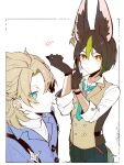  2boys absurdres adjusting_clothes adjusting_gloves aiwo_o_lite albedo_(genshin_impact) albedo_(m&amp;g)_(genshin_impact) animal_ear_fluff animal_ears aqua_necktie black_gloves black_hair blonde_hair blue_eyes blunt_ends bob_cut brown_vest earrings fox_boy fox_ears fox_tail genshin_impact gloves highres jewelry leaf_earrings light_green_hair long_sleeves looking_at_viewer male_focus multicolored_hair multiple_boys necktie orange_eyes shirt short_hair single_earring streaked_hair tail tighnari_(genshin_impact) tighnari_(m&amp;g)_(genshin_impact) vest white_shirt 