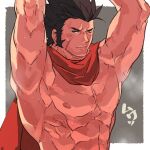  1boy abs armpits arms_up averting_eyes bara black_hair blue_eyes blush cape character_request dungeon_and_fighter frown large_pectorals long_sideburns male_focus mature_male muscular muscular_male naked_cape nikism nipples nude obliques one_eye_closed pectorals scar scar_on_cheek scar_on_face short_hair shy sideburns solo spiked_hair steaming_body sweat thick_eyebrows upper_body very_sweaty 
