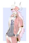  blue_background cigarette earrings hair_over_eyes hands_in_pockets horns jewelry long_hair male_focus one_piece pants pink_hair raine_(acke2445) rectangle shirt simple_background smile solo upper_body white_background who&#039;s_who_(one_piece) 