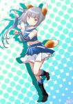  1girl alternate_costume animal_ears black_footwear blue_shirt blue_skirt brown_eyes cheerleader crop_top detached_sleeves fox_ears fox_tail fuji_(pixiv24804665) grey_hair highres hokkaido_nippon-ham_fighters kantai_collection kasumi_(kancolle) kitsune_dance long_hair midriff nippon_professional_baseball paw_pose shirt side_ponytail skirt sleeveless sleeveless_shirt solo tail 