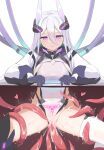  1girl absurdres aqua_pupils asymmetrical_legwear azur_lane breasts cum cum_on_body hair_between_eyes headgear highleg highleg_leotard highres impossible_clothes impossible_leotard kankaku_shadan kearsarge_(azur_lane) large_breasts leotard mismatched_legwear pubic_tattoo purple_eyes shasha_(shasha159357) sideboob solo spread_legs tattoo taut_leotard tentacle_sex tentacles thong_leotard tube vaginal white_hair white_leotard white_shrug 