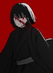  1girl black_coat black_hair black_kimono black_shirt blood blood_splatter bob_cut coat haori highres injury japanese_clothes kimono limbus_company long_sleeves noroma_u parted_lips project_moon red_background red_eyes ryoshu_(limbus_company) shirt short_hair simple_background solo upper_body wide_sleeves 