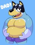  2023 absurd_res anthro australian_cattle_dog bandit_heeler belly big_belly blue_background bluey_(series) bulge canid canine canis cattledog clothed clothing daddy_kink domestic_dog english_text eyebrows hand_on_stomach herding_dog hi_res holding_belly janjauwu looking_at_viewer male mammal moobs narrowed_eyes navel open_mouth open_smile overweight overweight_anthro overweight_male pastoral_dog simple_background smile solo standing teeth text tongue tongue_out topless topless_anthro topless_male underwear underwear_only 