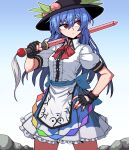  1girl black_gloves black_headwear blue_hair blue_skirt blush breasts buttons center_frills closed_mouth collared_shirt cowboy_shot fingernails formicid frilled_skirt frills fruit_hat_ornament gloves hair_between_eyes hat hat_ornament hinanawi_tenshi holding holding_sword holding_weapon long_hair medium_breasts peach_hat_ornament puffy_short_sleeves puffy_sleeves red_eyes shirt short_sleeves skirt solo sword touhou weapon white_shirt 