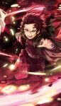  1boy angry battle belt brown_hair checkered_haori demon_slayer_uniform fighting goomrrat haori highres injury japanese_clothes kamado_tanjirou kimetsu_no_yaiba male_focus open_mouth purple_eyes scar scar_on_face scar_on_forehead short_hair solo white_belt 