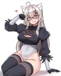  1girl :d ahoge animal_ear_fluff animal_ears black_gloves black_leotard black_thighhighs breasts brown_hair cat_ears cleavage cleavage_cutout clothing_cutout cosplay english_commentary glasses gloves grin hair_ornament hairclip heart highres indie_virtual_youtuber leotard long_hair long_sleeves looking_at_viewer mochi_(chain_csn) nier:automata nier_(series) red_eyes saruei_(vtuber) scar scar_across_eye simple_background sitting smile solo teeth thighhighs virtual_youtuber white_background yorha_no._2_type_b yorha_no._2_type_b_(cosplay) 