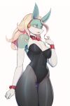  absurd_res accessory anthro blonde_hair blue_eyes bow_tie breasts bunny_costume clothed clothing costume female green_body hair hair_accessory hairband hi_res ippan_josei leggings legwear leotard my_hero_academia shirt_collar shirt_cuffs solo tight_clothing unknown_species yorzis 
