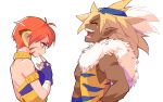  1boy 1girl animal_ears blonde_hair breath_of_fire breath_of_fire_ii bustier cat_ears closed_mouth crossover dark-skinned_male dark_skin facial_mark fingerless_gloves gloves kevin_(seiken_densetsu_3) long_hair ooo open_mouth orange_hair pointy_ears rinpoo_chuan seiken_densetsu seiken_densetsu_3 short_hair simple_background smile white_background 