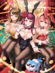  1other 3girls alternate_costume animal_ears bangs bare_shoulders black_leotard blush bow bowtie braid breasts brown_hair burnt_green_tea cleavage detached_collar duplicate fake_animal_ears fire_emblem fire_emblem_engage fishnet_pantyhose fishnets flower gloves goldmary_(fire_emblem) hair_ribbon hairband high_heels highres ivy_(fire_emblem) lapis_(fire_emblem) large_breasts leotard long_hair looking_at_viewer mole mole_on_breast mole_under_mouth multiple_girls pantyhose pink_eyes pink_hair pixel-perfect_duplicate playboy_bunny pov purple_eyes purple_hair rabbit_ears red_hairband ribbon rose seductive_smile short_hair side_braid small_breasts smile sommie_(fire_emblem) strapless strapless_leotard swept_bangs thighs two-tone_hairband white_ribbon wide_hips wrist_cuffs yellow_eyes 