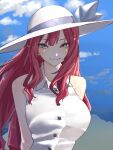  1girl baobhan_sith_(fate) bare_shoulders blue_sky breasts dress fate/grand_order fate_(series) grey_eyes hat highres large_breasts long_hair looking_at_viewer niwaikanai pink_hair pointy_ears sidelocks sky smile solo sun_hat white_dress white_headwear 