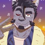  anthro black_hair domestic_cat facial_hair felid feline felis fur gesture goatee gradient_background grey_body grey_fur hair lifewonders live_a_hero low_res male mammal mature_male one_eye_closed run_aki simple_background smile solo tsuneaki v_sign wink 