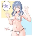  1girl ame-san ass_visible_through_thighs bikini blue_eyes blue_hair breasts cowboy_shot dated gotland_(kancolle) hair_between_eyes highres kantai_collection long_hair looking_at_viewer medium_breasts multicolored_background navel ponytail side-tie_bikini_bottom sidelocks smile solo speech_bubble standing swimsuit white_bikini 