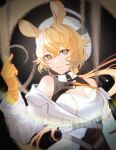  1girl animal_ears arknights bare_shoulders blonde_hair breasts cleavage cleavage_cutout closed_mouth clothing_cutout dorothy_(arknights) gloves highres large_breasts long_hair long_sleeves looking_at_viewer low_ponytail mouse_ears sand smile solo underbust upper_body white_headwear yellow_eyes yellow_gloves yoi6/yoiro 