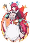  apron blue_eyes breasts cake_batter dragon_girl dragon_horns dragon_tail duel_monster highres holding holding_whisk horns kitchen_dragonmaid large_breasts maid mixing_bowl red_hair red_nails tail whisk white_apron yata_masahara yu-gi-oh! 