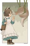 1girl akai_sashimi animal_ear_fluff animal_ears apron artist_name bag blush bob_cut boots bow breasts brown_bag brown_eyes brown_footwear brown_hair caecilian cat_ears commentary dress foliage frilled_apron frills full_body green_bow green_dress hanging highres looking_at_animal messenger_bag original outside_border plant rock_paper_scissors short_hair shoulder_bag signature small_breasts standing tongue tongue_out v vines white_apron yellow_eyes 