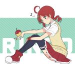  1girl ahoge andou_ringo apple black_thighhighs blush brown_sweater_vest character_name drill_hair eyelashes food fruit green_eyes kashima_miyako musical_note name_connection object_namesake puyo_(puyopuyo) puyopuyo puyopuyo_7 red_footwear red_hair red_skirt shirt short_sleeves sitting skirt solo sweater_vest thighhighs twin_drills white_shirt 