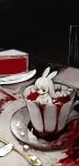  1girl absurdres animal animal_ears blood blood_on_clothes blood_on_knife blunt_bangs braid braided_ponytail cake commentary cup dark_background dress food highres knife long_hair looking_down original plate rabbit rabbit_ears rabbit_girl red_eyes shirokujira spoon sugar_cube teacup white_dress white_hair 