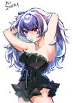  1girl absurdres armpits bare_shoulders black_leotard blue_hair breasts cleavage collarbone cowboy_shot hair_intakes hair_tie_in_mouth highres large_breasts leotard long_hair mouth_hold sakana_no_hone simple_background solo tokyo_ghoul tokyo_ghoul:re translation_request twintails white_background yonebayashi_saiko 