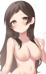  1girl afterimage binsen blush breasts brown_eyes brown_hair closed_mouth collarbone fanning_face fanning_self flying_sweatdrops forehead highres idolmaster idolmaster_million_live! kitazawa_shiho large_breasts long_hair looking_at_viewer navel nipples nude signature simple_background solo upper_body very_long_hair white_background 