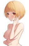  1girl binsen blonde_hair blush breasts closed_mouth collarbone flying_sweatdrops fukuda_noriko hand_up highres idolmaster idolmaster_million_live! medium_breasts nipples nude red_eyes short_hair simple_background solo upper_body white_background 