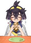  1boy ahoge black_hair buckle closed_eyes closed_mouth colored_inner_hair commentary_request crossed_bangs facing_viewer food food_on_face hair_between_eyes hairband heart highres holding holding_food jacket kieran_(pokemon) kyouka._(kyouka) lettuce male_focus multicolored_hair plate pokemon pokemon_(game) pokemon_sv sandwich skewer smile solo strap table white_background white_jacket yellow_hairband 