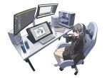  1girl absurdres barefoot black_hoodie black_shorts can chair commentary_request computer computer_tower drawing_tablet drinking_straw grey_eyes grey_hair headphones highres holding holding_stylus hood hood_down hoodie keyboard_(computer) long_hair long_sleeves monitor mouse_(computer) office_chair on_chair original puffy_long_sleeves puffy_sleeves recursion shii_(kairi-t-k0317) short_shorts shorts simple_background sitting sleeves_past_wrists solo speaker stylus swivel_chair table v-shaped_eyebrows white_background 