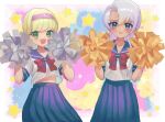  2girls blonde_hair blue_skirt blush bow bowtie goha_yuuna green_eyes grey_hair hairband highres holding holding_pom_poms midriff_peek multiple_girls mutsuba_asaka open_mouth pink_hairband pleated_skirt pom_pom_(cheerleading) purple_eyes red_bow red_bowtie school_uniform serafuku skirt yu-gi-oh! yu-gi-oh!_go_rush!! yuzutaroman 