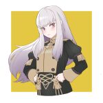  1girl black_dress breasts brown_background closed_mouth commentary_request cropped_torso dress fire_emblem fire_emblem:_three_houses floating_hair grey_hair hands_on_own_hips juliet_sleeves long_hair long_sleeves looking_at_viewer lysithea_von_ordelia pink_eyes puffy_sleeves sinnra_art sleeves_past_wrists small_breasts solo two-tone_background upper_body very_long_hair white_background 