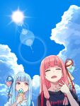  2girls black_shirt blue_hair blue_ribbon blue_sky casual closed_eyes cloud cloudy_sky commentary cover cover_page day doujin_cover eating facing_viewer fanning_face from_below frown furrowed_brow hair_ribbon hand_up highres holding_ice_cream hot ice_cream_cone kotonoha_akane kotonoha_aoi lens_flare light_blush long_hair low_tied_sidelocks mint_chocolate multiple_girls open_mouth pink_hair print_shirt red_eyes red_ribbon ribbon shirt short_sleeves shoulder_strap siblings sisters sky summer sun sweat toromera upper_body voiceroid white_shirt 