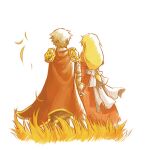 1boy 1girl armor artist_request back_bow blonde_hair bow cape cross dress from_behind full_body gauntlets grass high_priest_(ragnarok_online) long_hair lord_knight_(ragnarok_online) low-tied_long_hair lowres margaretha_sorin pauldrons ragnarok_online red_cape red_dress sash seyren_windsor short_hair shoulder_armor simple_background spiked_gauntlets standing third-party_source white_background white_bow white_hair white_sash 