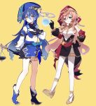  2girls alternate_color antlers astrolabe balance_scale bare_shoulders black_bloomers black_bra black_skirt blue_footwear blue_hair blue_hood blush boots bra breasts bright_pupils claw_ring color_switch cosplay costume_switch crop_top detached_sleeves drill_hair drill_locks full_body genshin_impact gold_choker gold_footwear gold_trim green_eyes hair_between_eyes hand_on_own_chest hat high_heels highres hood hood_up horns index_finger_raised jewelry layla_(genshin_impact) layla_(genshin_impact)_(cosplay) looking_at_viewer midriff multiple_girls neck_ring pantyhose pink_hair pointy_ears pom_pom_(clothes) porkpie_hat red_headwear red_sleeves ringlets side_slit sidelocks skirt small_breasts thighlet twin_drills underwear utori_(tanakautori) weighing_scale white_pantyhose white_pupils white_sleeves yanfei_(genshin_impact) yanfei_(genshin_impact)_(cosplay) yellow_background 