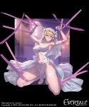  1girl aqua_eyes armpits arms_up bare_shoulders blonde_hair blush breasts character_request closed_mouth commentary_request copyright_name cuboon evertale full_body gloves high_heels highres kneeling large_breasts looking_at_viewer navel official_art purple_ribbon restrained ribbon see-through short_hair solo thigh_strap thighs white_footwear white_gloves white_headwear 