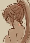  1girl bare_shoulders breasts brown_eyes brown_hair closed_mouth hair_ribbon high_ponytail long_hair misono_mitama neck_tattoo nude ponytail ribbon saionji_reimi simple_background solo star_ocean star_ocean_the_last_hope tattoo 