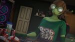  3d_(artwork) 4k absurd_res anthro bedroom digital_media_(artwork) donglysfm eyewear eyewear_only female gaming glasses glasses_only green_body hi_res junk_food lily_springtail_(donglysfm) lizard loose_shirt nerd nude reptile revamped_anthros scalie solo source_filmmaker 