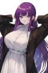  1girl absurdres alternate_breast_size arthatros black_robe breasts bright_pupils commentary fern_(sousou_no_frieren) frilled_shirt_collar frills hand_in_own_hair hands_up highres large_breasts long_hair long_sleeves open_clothes open_robe parted_lips purple_eyes purple_hair robe simple_background solo sousou_no_frieren very_long_hair white_background 