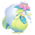  1girl alternate_color bowing closed_eyes colored_skin crown flower full_body green_hair highres lilligant long_hair mini_crown ms_misubaru_mk2 no_humans own_hands_together pink_flower pokemon pokemon_(creature) shiny_pokemon solo standing veil white_background white_skin 