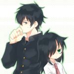  1boy 1girl black_hair black_jacket brother_and_sister closed_mouth collared_shirt gakuran green_eyes green_outline jacket kuroki_tomoki kuroki_tomoko long_hair long_sleeves looking_at_viewer necktie outline pink_necktie ranto_seru school_uniform shirt short_hair siblings spiked_hair upper_body watashi_ga_motenai_no_wa_dou_kangaetemo_omaera_ga_warui! white_background white_shirt 