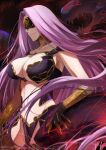  1girl absurdres blindfold breasts bustier claws cleavage covered_eyes fate/grand_order fate_(series) gorgon_(fate) highres large_breasts long_hair medusa_(fate) minoe08 monster_girl navel purple_hair revealing_clothes scales smile snake snake_hair solo very_long_hair 