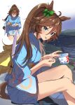  &gt;_&lt; 1girl ^^^ animal_ears blue_eyes blue_kimono blush bow bracelet brain_freeze breasts brown_hair closed_mouth commentary_request cowboy_shot cup ear_bow ears_down food green_bow holding holding_cup horse_ears horse_girl horse_tail horseshoe_print japanese_clothes jewelry kimono long_hair long_sleeves looking_at_viewer misu_kasumi mr._c.b._(umamusume) multiple_views obi outdoors ponytail revision river sash shaved_ice sitting small_breasts smile solo tail tongue tongue_out tracen_ondo_outfit_(umamusume) trembling umamusume water yukata 