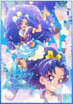  1girl animal_ears asymmetrical_legwear blue_border blue_choker blue_eyes blue_footwear blue_gloves blue_hair blue_jacket boots border choker commentary_request cure_gelato earrings eyelashes fur-trimmed_jacket fur_trim gloves gradient_border hair_ornament happy happy_birthday jacket jewelry kamikita_futago kirakira_precure_a_la_mode long_hair looking_at_viewer magical_girl ponytail precure single_thighhigh smile solo standing tail tategami_aoi thighhighs 