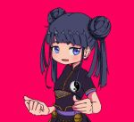  1girl bell black_hair blunt_bangs chinese_clothes double_bun hair_bun jingle_bell looking_at_viewer medium_hair nao97122 open_mouth original pink_background purple_eyes short_sleeves simple_background solo standing twintails upper_body yin_yang yin_yang_print 